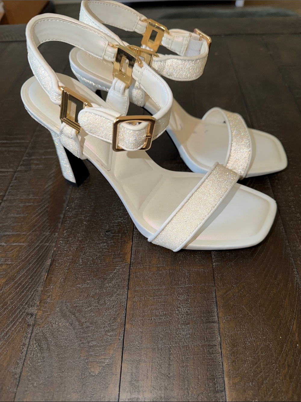 Karl Lagerfeld Paris Cybil White Glitter Ankle-Strap Heels
